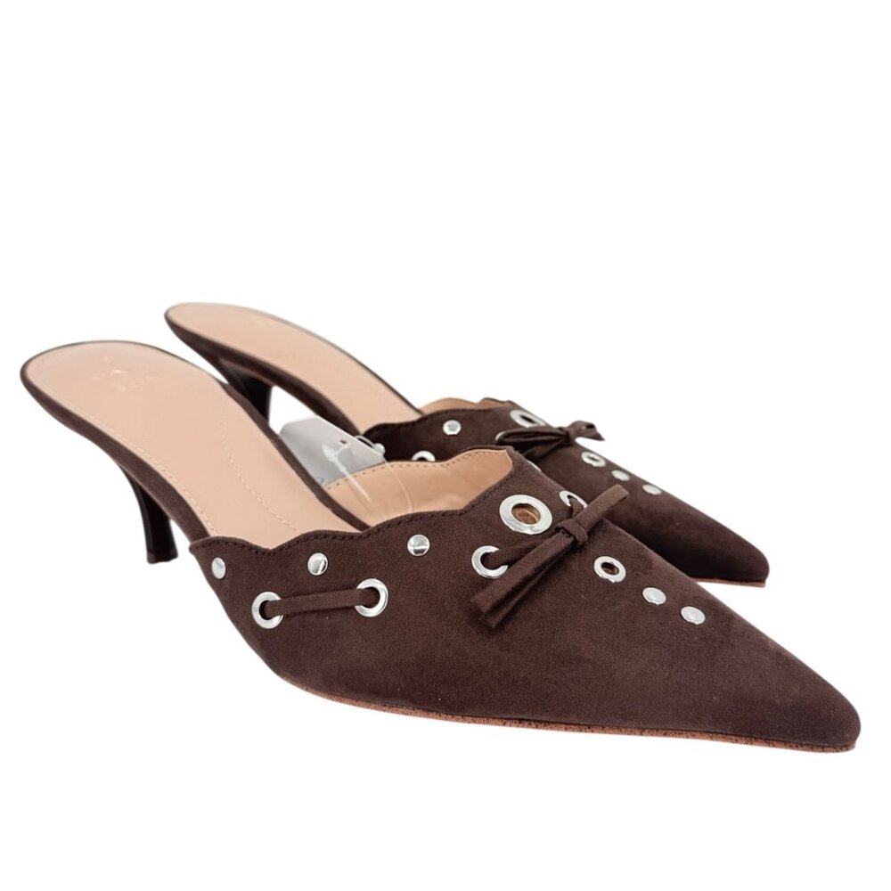 Time‎ and Tru Women's Studded Kitten Heel Brown Mules Shoes Size 9 NWOB